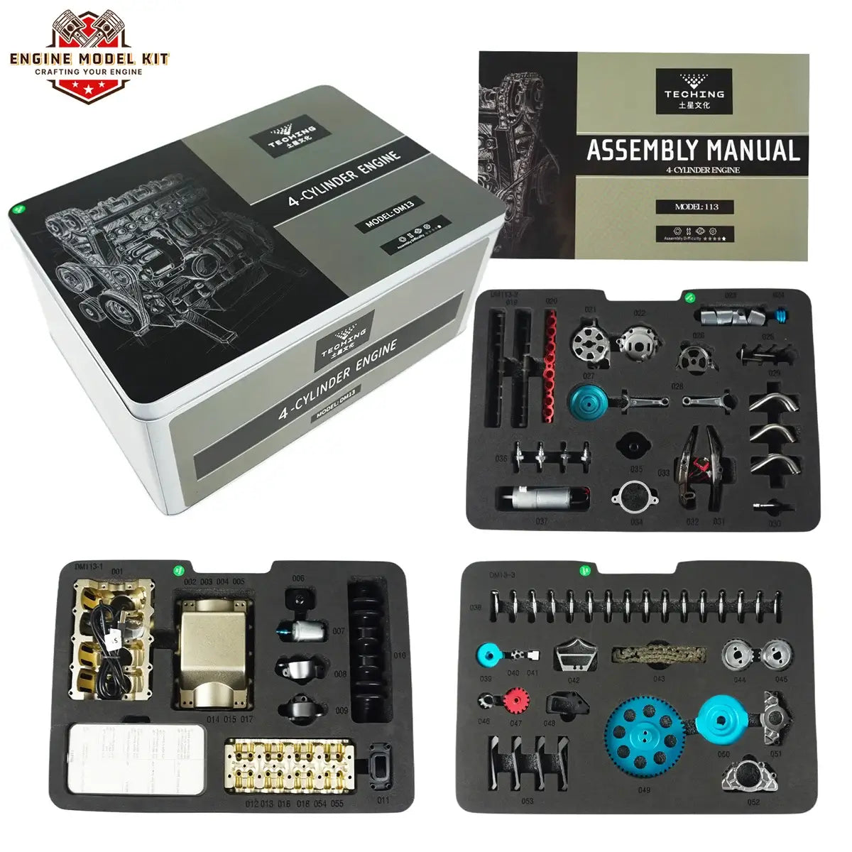 4-cylinder engine model kit with 364 pieces in a metal box, an ideal gift for adults, hobbyists, and collectors.