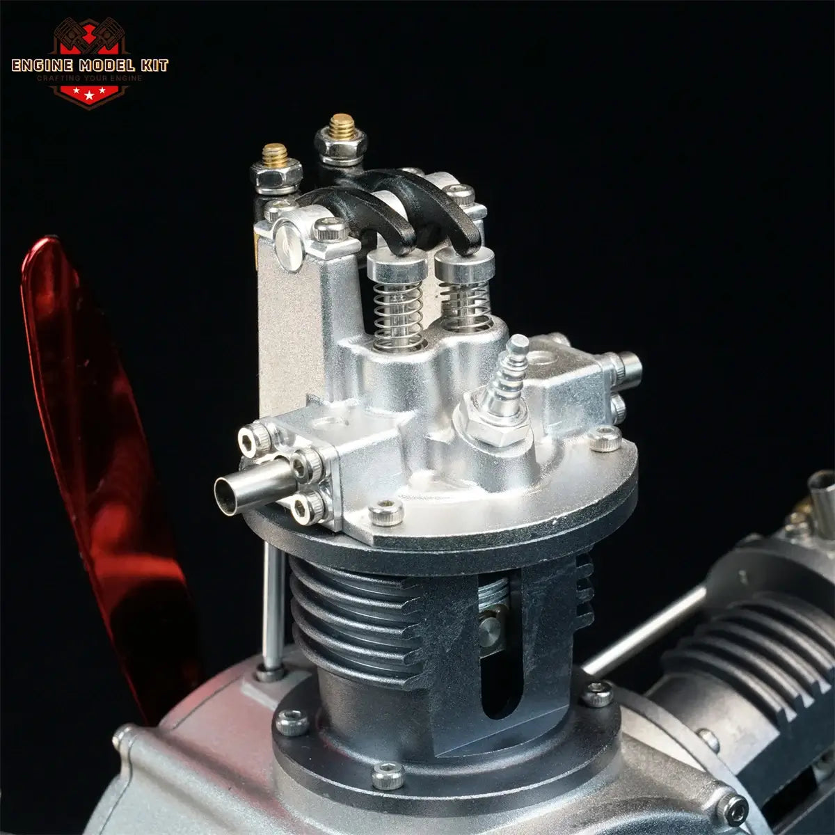 Close-up of TECHING radial 5-cylinder model aero engine, showing its overhead valve and anodized parts.