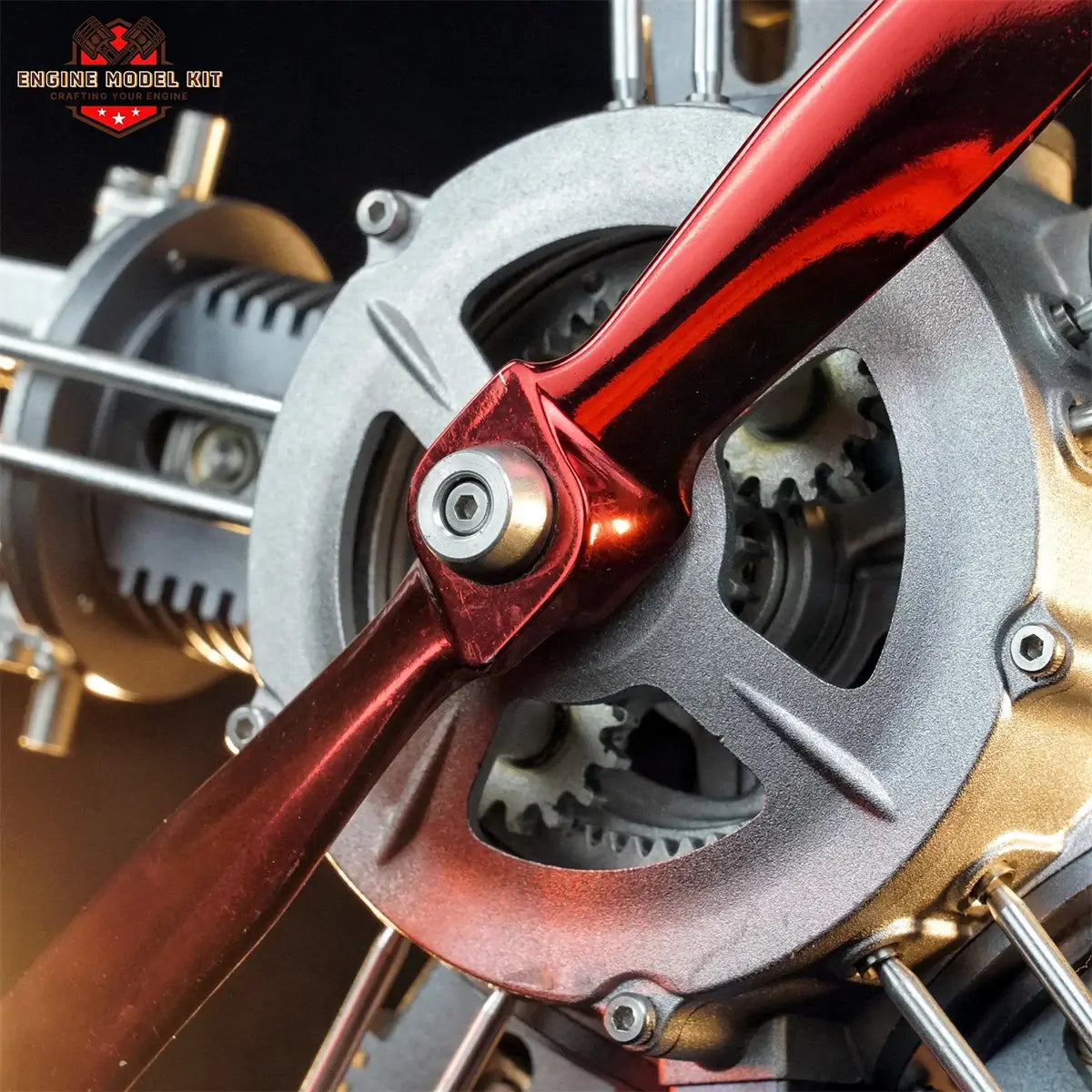 Close-up of TECHING radial 5-cylinder engine model propeller featuring anodized aluminum finish.
