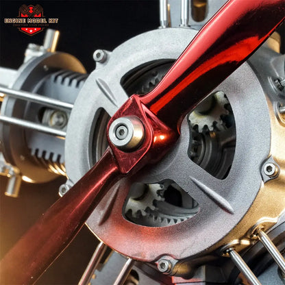 Close-up of TECHING radial 5-cylinder engine model propeller featuring anodized aluminum finish.