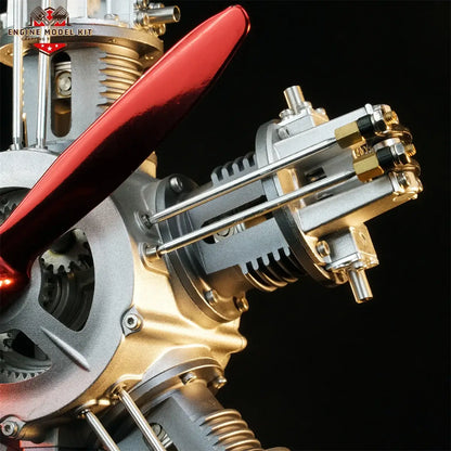Close-up of 5-cylinder radial model airplane engine designed for desktop display and mechanical engineering education.