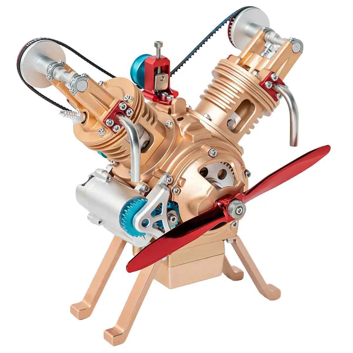 Aluminum-finished V-Twin (V2) car engine assembly kit with an oxidized, realistic look for display.