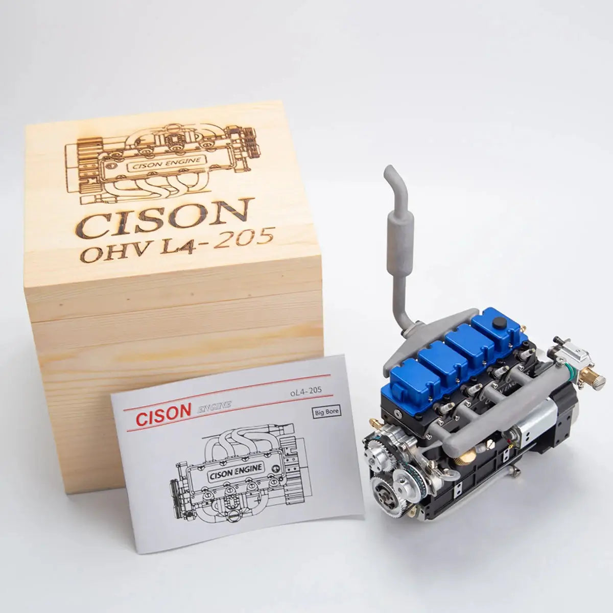 CISON 4-cylinder model engine kit presented in wooden gift box for RC hobbyists and collectors