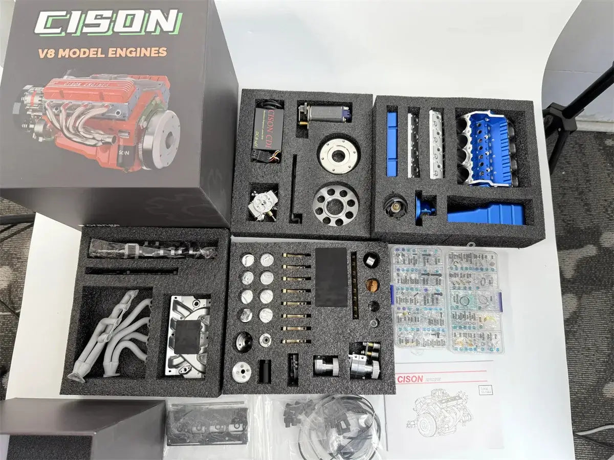 CISON mini V8 engine kit gift box with detailed parts, perfect for hobbyists, collectors, or holiday gifting.
