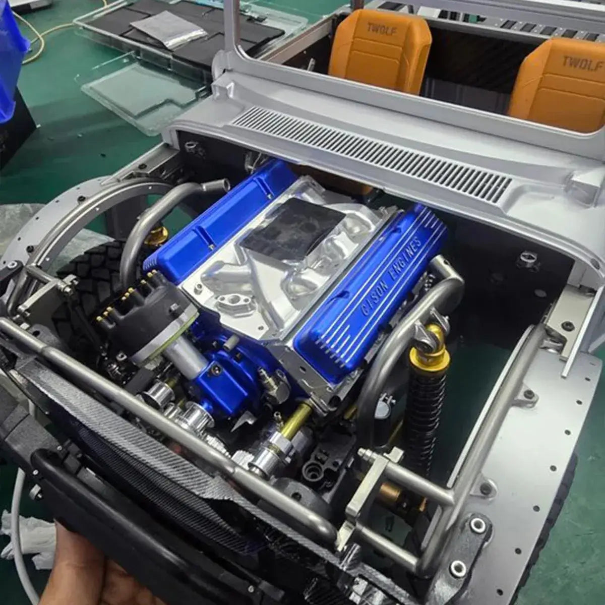 CISON mini V8 engine kit fully installed in an RC car, perfectly suited for realistic RC vehicle integration.