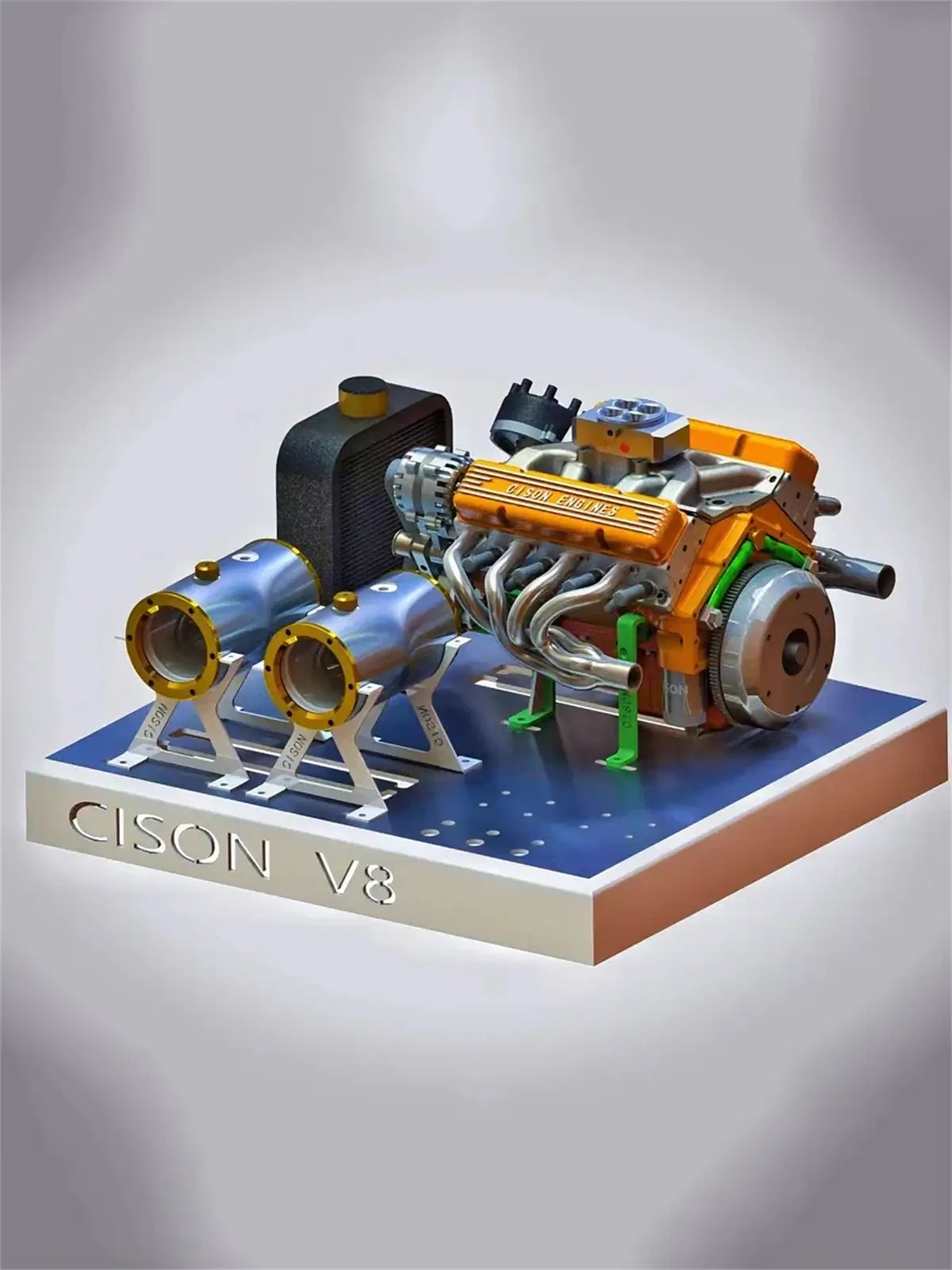 CISON V8 mini engine kit mounted on metal base for gift or model display.