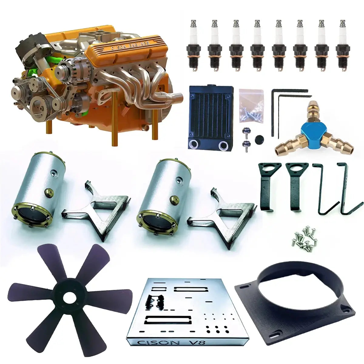 Package list of CISON working mini V8 engine kit with assembly parts for building and RC car installation.