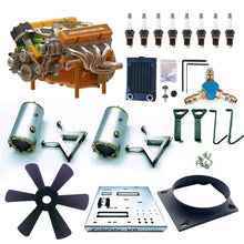 Package list of CISON working mini V8 engine kit with assembly parts for building and RC car installation.