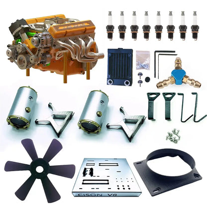 Package list of CISON working mini V8 engine kit with assembly parts for building and RC car installation.