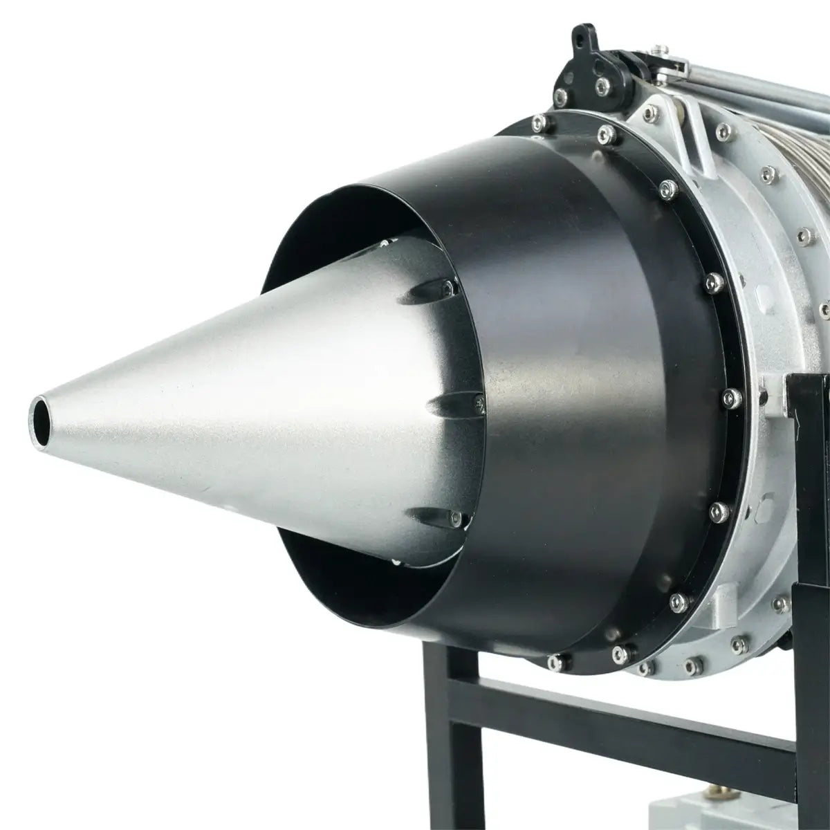 Close-up of TECHING turbofan engine model, featuring its CNC-machined aluminum nozzle detail.