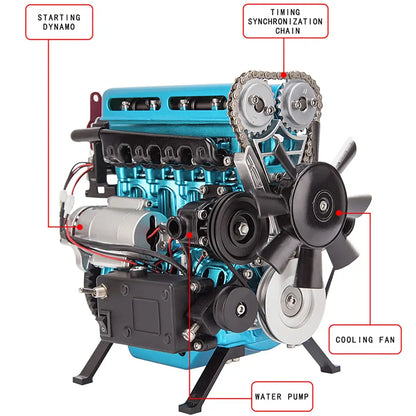 Back view of a turbocharged L4 engine model kit with labeled components.