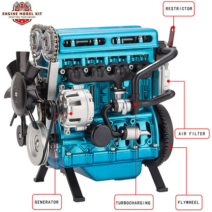 Front view diagram of TECHING turbocharged L4 engine model kit with labeled components.