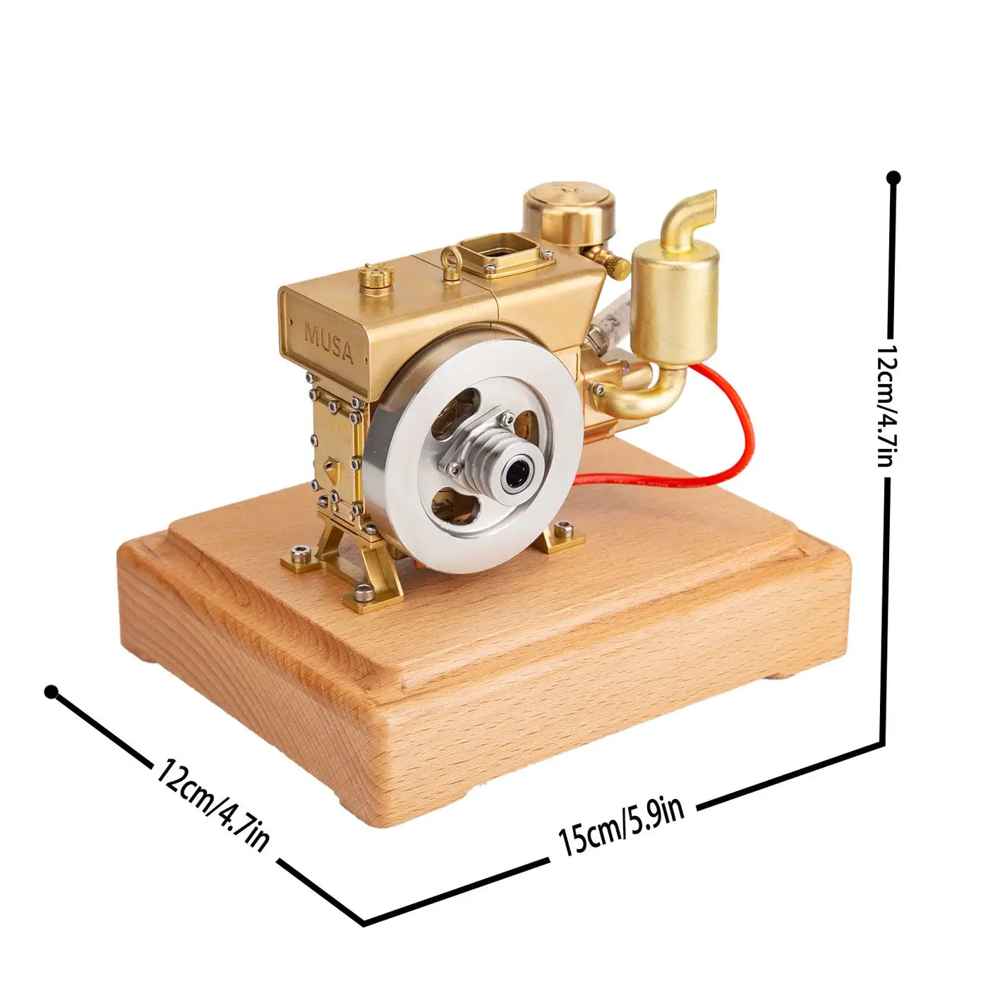 Dimensional overview of MUSA mini gas single-cylinder engine kit on wooden base
