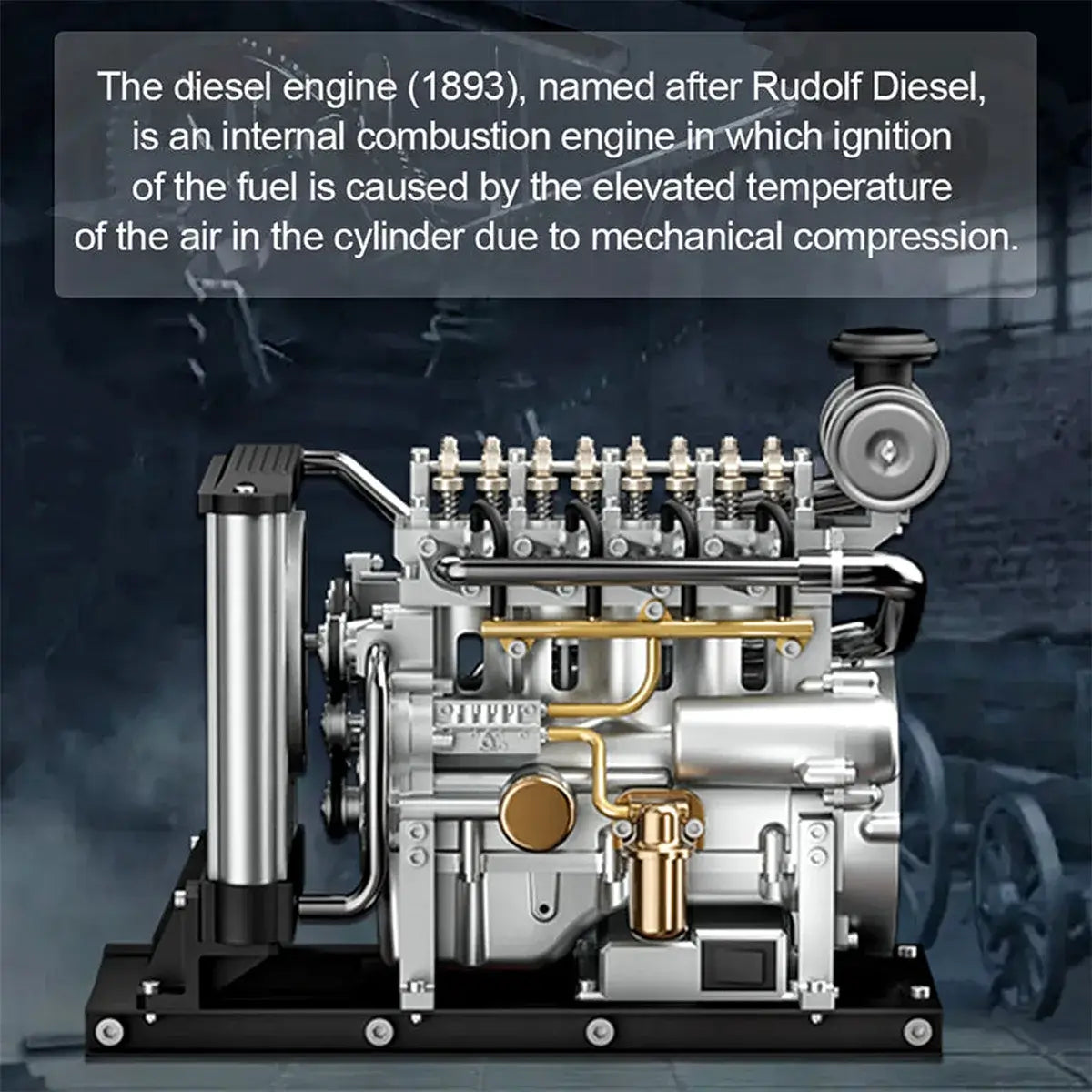 TECHING mini L4 diesel engine model with OHV structure in metal for DIY builders.