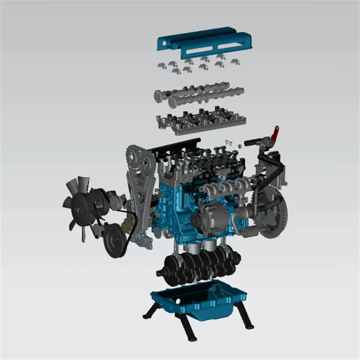 Exploded view of TECHING l4 (4-cylinder) engine with labeled mechanical components.