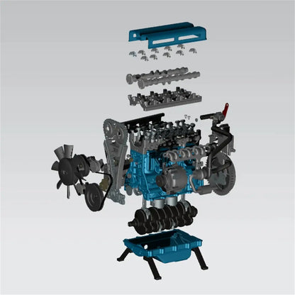 Exploded view of TECHING l4 (4-cylinder) engine with labeled mechanical components.