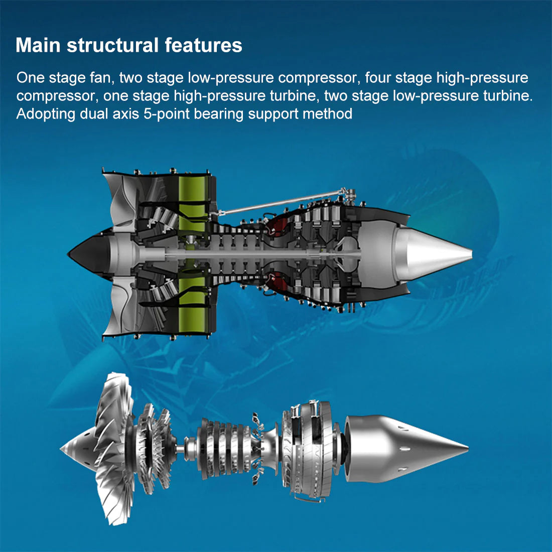 TECHING mini jet engine kit showing its internal structure and mechanical layout for STEM learning.