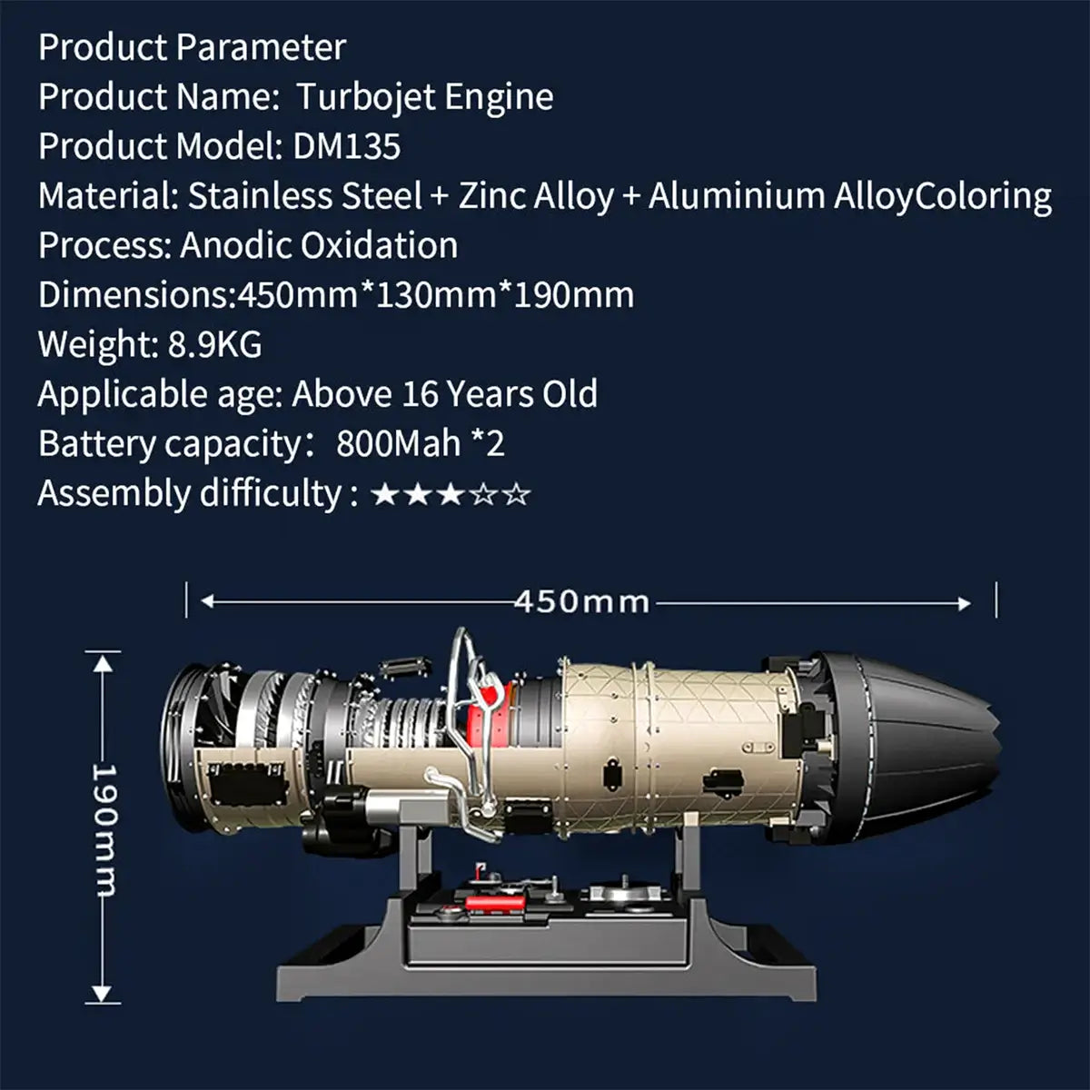 TECHING mini all-metal jet engine model dimensions and size specifications