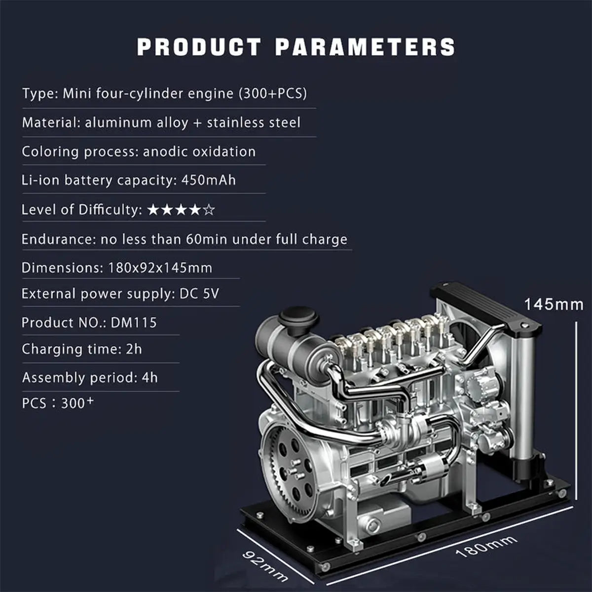 Specification chart of TECHING model diesel engine kit showing detailed parameters and mechanical features.