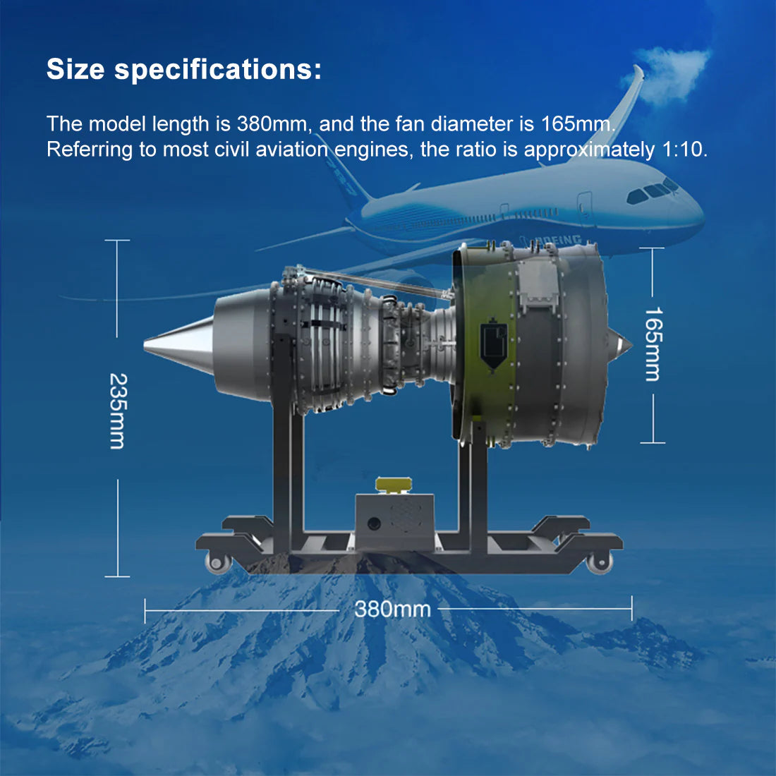 TECHING running turbofan jet engine model showing overall dimensions, ideal for desktop display and educational use.