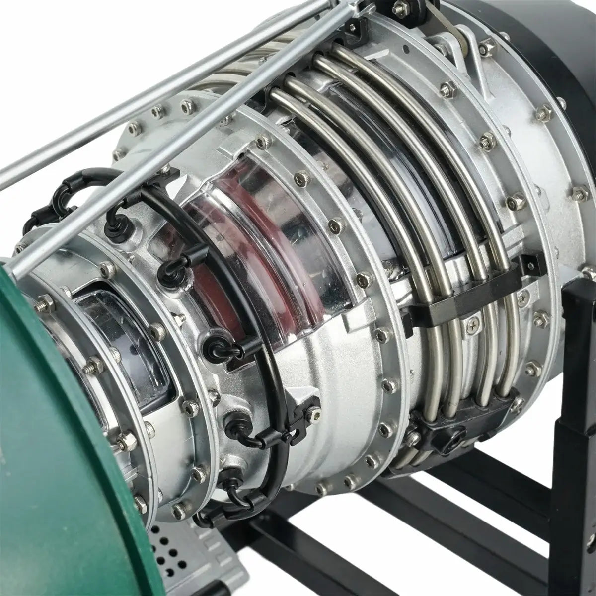 Close-up internal view of TECHING working jet engine model, showing its transparent power module.