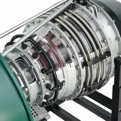 Close-up internal view of TECHING working jet engine model, showing its transparent power module.