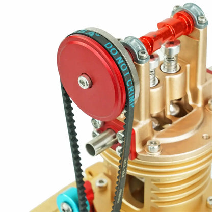 Close-up of an all-metal single-cylinder engine model, showing its chain drive detail for STEM display.