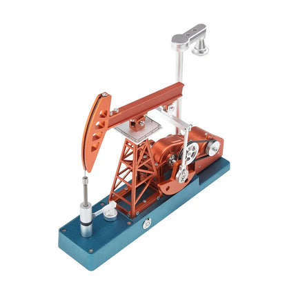 Battery-powered model oil derrick with moving pump for family STEM projects and interactive learning.
