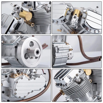 Close-up of CNC-milled CISON V-twin engine model showing detailed machining work.