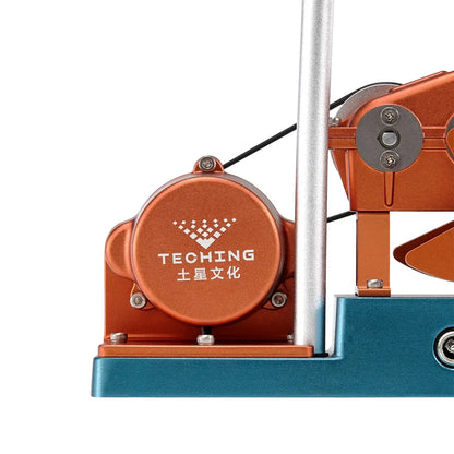 Close-up of TECHING motorized dynamic metal oil derrick model, focusing on drive mechanism details.