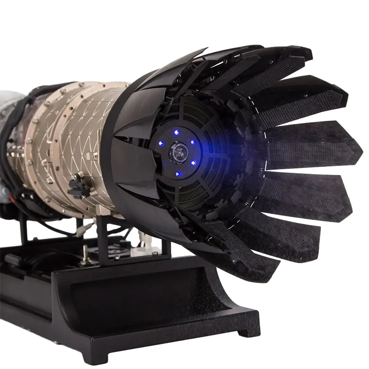 Jet engine model by TECHING with LED-lit nozzle, vapor effect, and sound simulation.