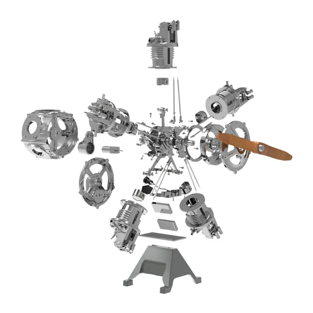 Exploded view of TECHING 5-cylinder radial model aero engine, showing its metal internal structure.