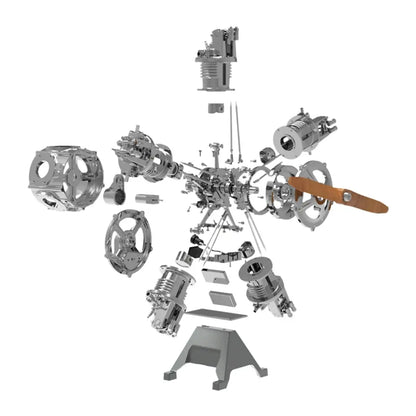 Exploded view of TECHING 5-cylinder radial model aero engine, showing its metal internal structure.