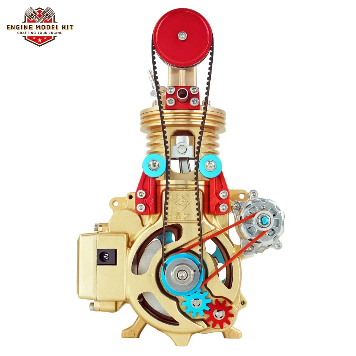 Rear view of TECHING single-cylinder engine assembly kit,  for hands-on STEM learning and classroom use.
