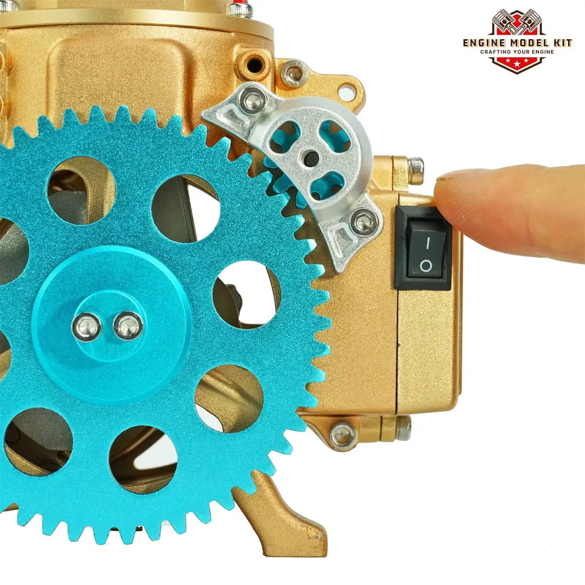 Close-up of TECHING single-cylinder engine model's anodized flywheel for mechanical display.