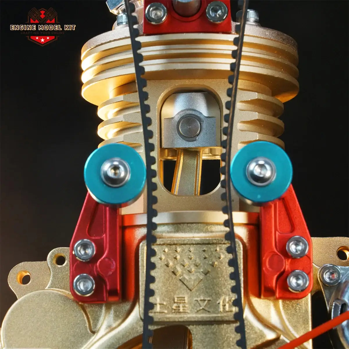 Close-up of TECHING single-cylinder engine model's piston detail for engineering display.