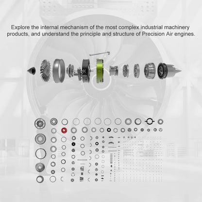 Exploded view of TECHING turbofan engine model with over 1000 parts, revealing internal components.