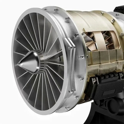 TECHING turbojet engine model with CNC-machined fan module close-up.
