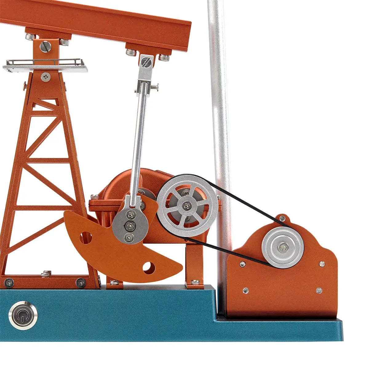 Close-up of TECHING working oil derrick model highlighting detailed conveyor belt mechanism and structural parts.